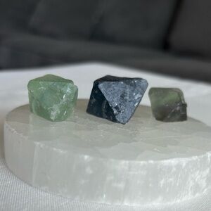 Hand cleaved set of green and blue fluorite octahedrons
